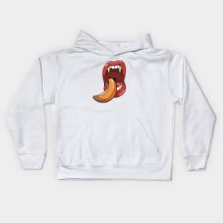 Mouth with vampire teeth about to take a bite into a slice of a peach Kids Hoodie